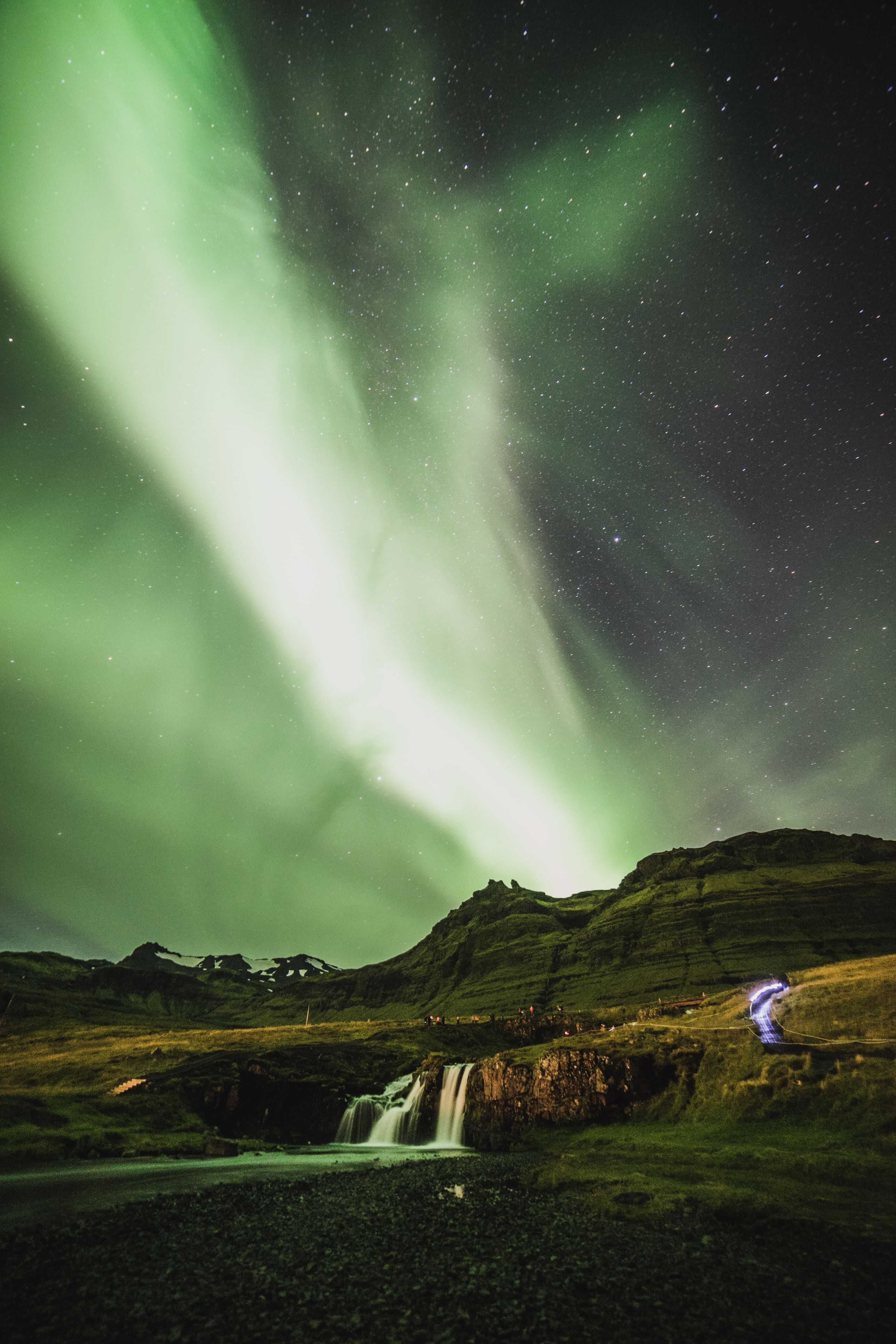 Iceland.aurora.waterfall