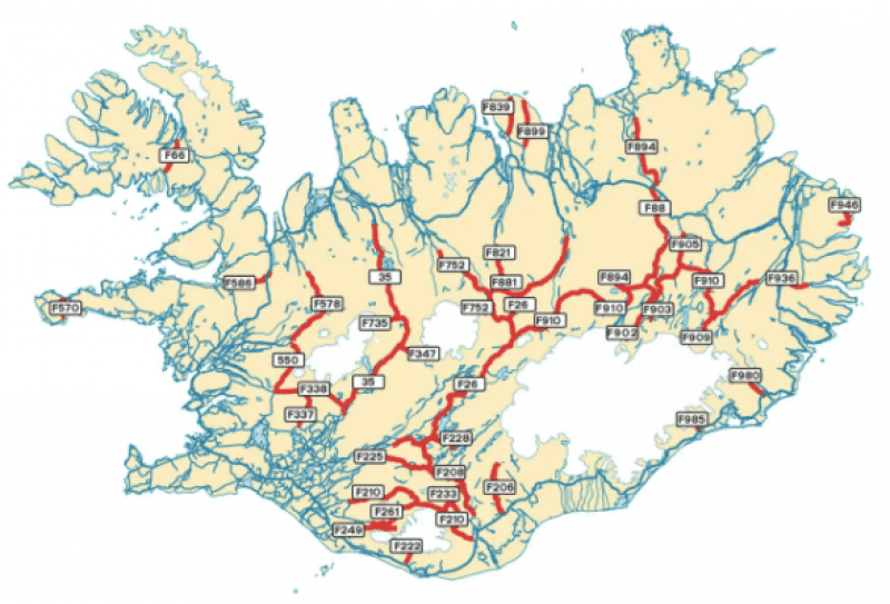 Map of f roads in Iceland