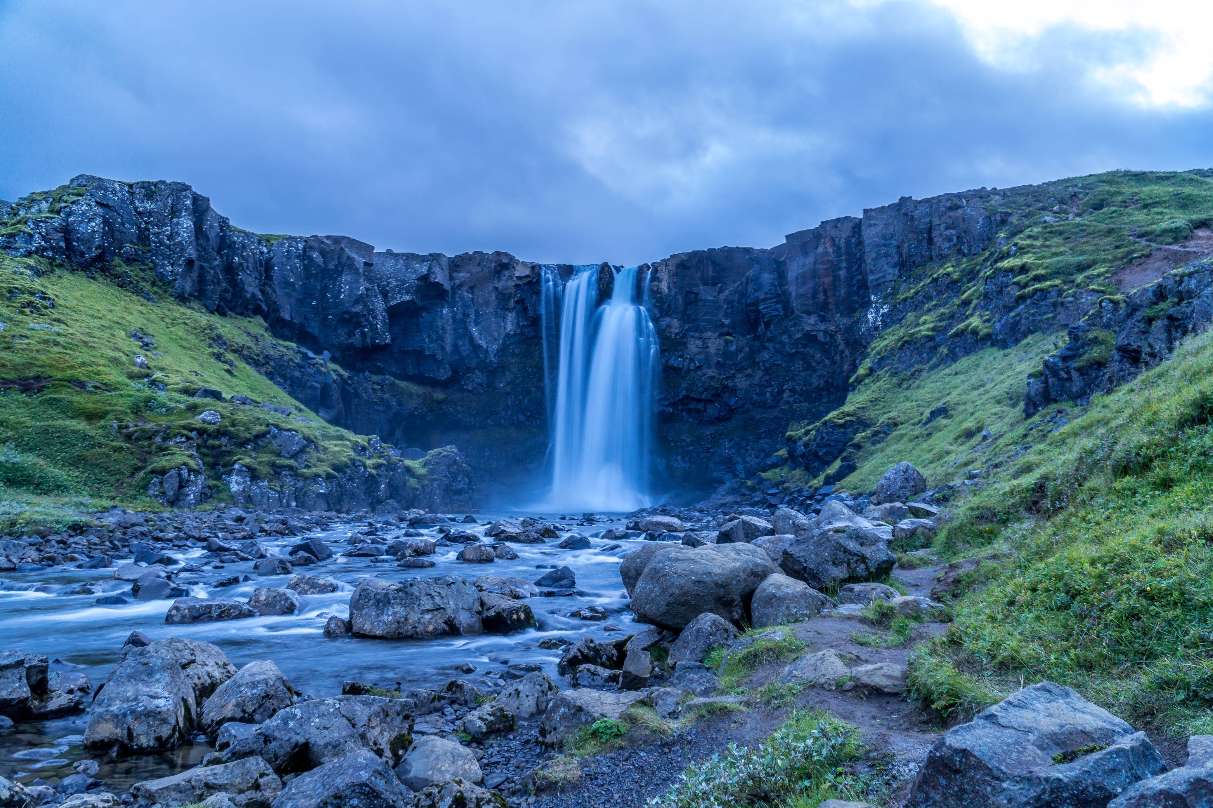 Gufufoss-waterfall-in-east-iceland-on-a-cloudy-summer-day