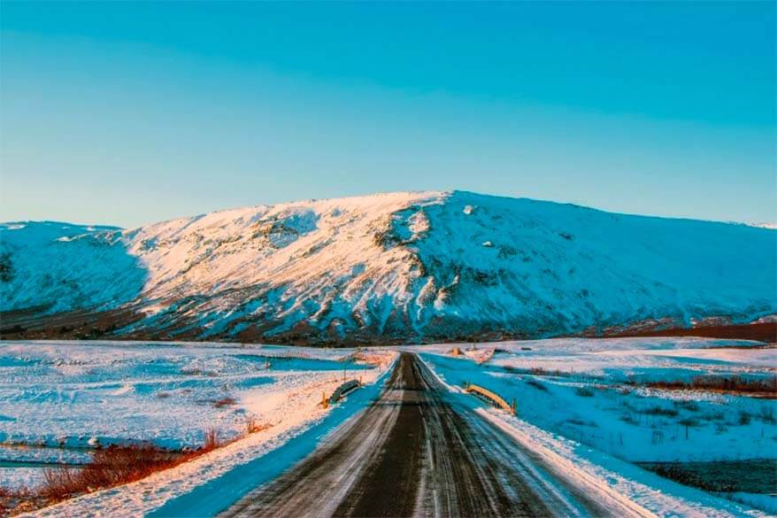 Icelandic road during winter snow and ice